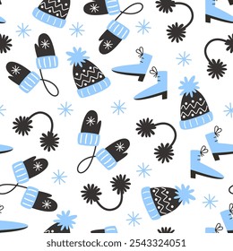 Seamless winter pattern with blue hats, gloves, scarf, and boots