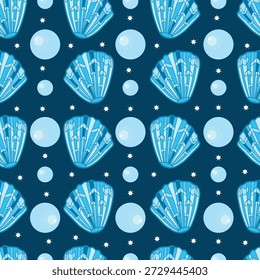 Padrão de inverno contínuo com cascas de berbigão de arte de linha azul, pérolas azuis e elementos de floco de neve branco. Design de queda de neve inspirado no oceano em tons azuis frios, perfeito para têxteis, papel de parede, papel de embrulho,