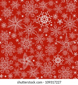 seamless winter pattern with blue snowflakes on red background