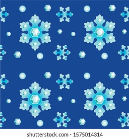 Seamless winter pattern - blue snowflakes and shiny rhinestones on a dark blue background. Vector winter background - it is snowing, blizzard at night.