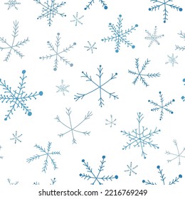 Patrón de invierno sin foco con copos de nieve azules sobre fondo blanco