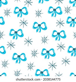 Seamless winter pattern with bows and snowflakes on a white background.