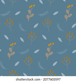 Seamless winter pattern. Branches with berries, fir branches and leaves on blue background. Color vector illustration for background, wrapping paper, textiles.