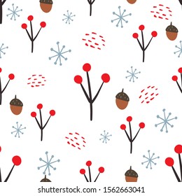 seamless winter pattern, branches with red berries, snowflakes, acorns and another abstract element.Colorful vector design in cartoon style.