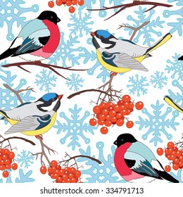 Seamless winter pattern with bullfinch bird and tit bird , rowan branch and snowflake. Hand drawn Christmas vector illustration.