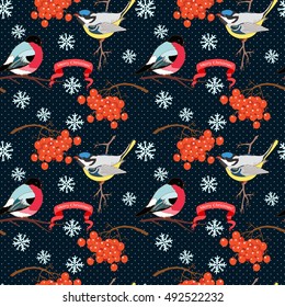 Seamless winter pattern with bullfinch bird and tit bird, congratulation ribbon, rowan branch and snowflake. Hand drawn Merry Christmas vector illustration on dark.