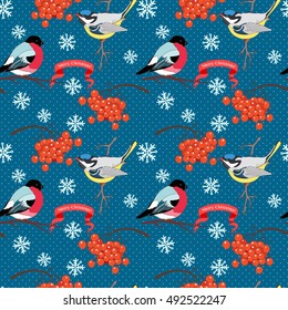 Seamless winter pattern with bullfinch bird and tit bird, congratulation ribbon, rowan branch and snowflake. Hand drawn Merry Christmas vector illustration on dark blue.
