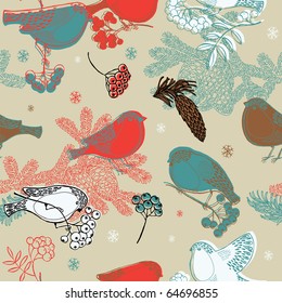 Seamless winter pattern with bullfinches and rowan