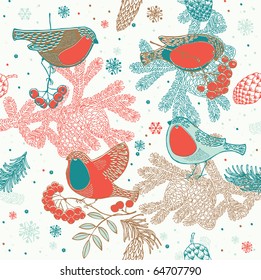 Seamless winter pattern with bullfinches and rowan