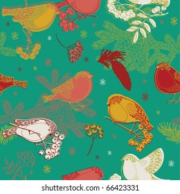 Seamless winter pattern with bullfinches and rowan