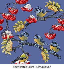Seamless winter pattern. Can be used for wallpaper, pattern fills, web page background, surface textures. Birds and mountain ash. Vector illustration on a blue background.