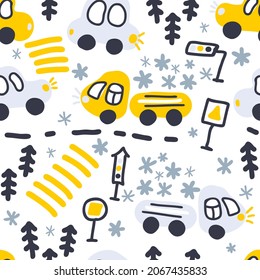 Seamless winter pattern of cars and trucks in snowfall. Perfect for scrapbooking, poster, textile and prints. Hand drawn vector illustration for decor and design.