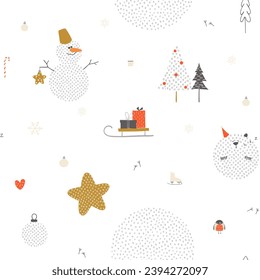 Seamless winter pattern. Cartoon snowman, stylized bear, Christmas trees, New Year's balls, snowflakes, bullfinch, sleigh, gifts.