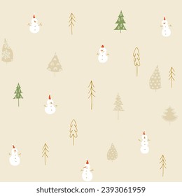 Patrón de invierno sin foco. Caricatura de hombres de nieve con abetos.