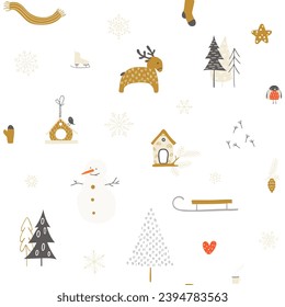 Seamless winter pattern. Cartoon trees, sled, snowman, snowflakes, bullfinch, feeders, mittens and scarf.