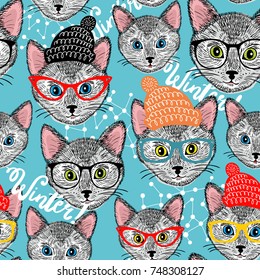 Seamless winter pattern with cat in hat. Smart animals vector background. Colorful endless wallpaper for kids and adults.