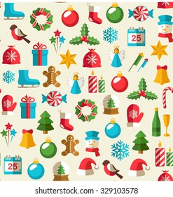 Seamless Winter Pattern with Christmas Flat Icons Isolated on Beige Background