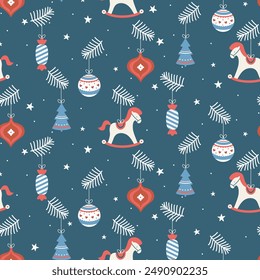 Seamless winter pattern with Christmas toys.