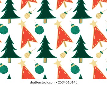 Seamless winter pattern with Christmas toys and fir trees of different colors. Ideal for Christmas packaging, holiday decorations and seasonal designs.