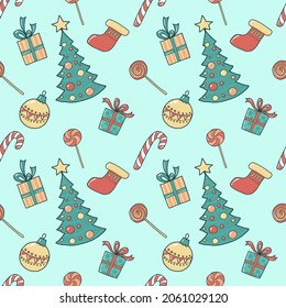 Seamless winter pattern with Christmas tree, balls, gifts, candies, candy cane for Christmas and New Year party. Vector illustration.