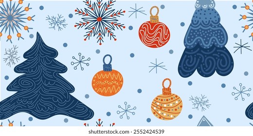 Patrón inconsútil del invierno: bolas del árbol de navidad, copos de nieve, puntos. Colorido doodle Vector dibujado a mano, no AI ilustración en azul, amarillo, colores naranjas para tarjetas, Anuncios, Fondo de pantalla, textil, envoltura