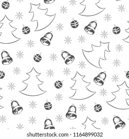 Seamless winter pattern. Christmas trees, snowflakes, Christmas bells and balls on white background. Hand drawing. 