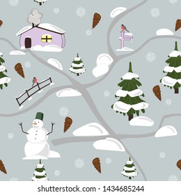 Seamless winter pattern with christmas trees, house, bullfinch birds, snowman, cones and snowflakes on the light blue background
