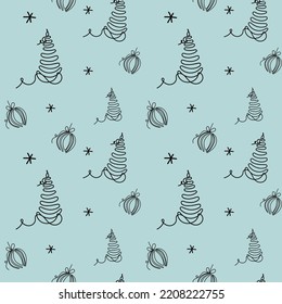 Seamless winter pattern with Christmas trees and Christmas balls in line art style. Vector pattern of winter theme on a blue background. Layout for packaging