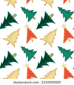 Seamless winter pattern with Christmas trees of different colors. Ideal for Christmas packaging, holiday decorations and seasonal designs.