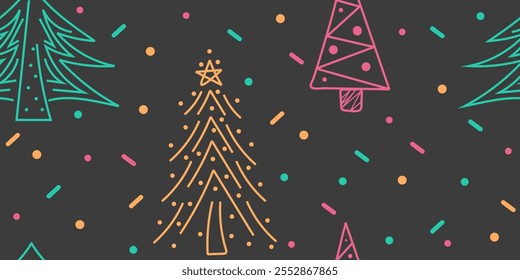 Patrón de invierno sin fisuras: árboles de Navidad, chispas de colores, puntos. Doodle Vector dibujado a mano, no AI ilustración en azul, amarillo, rosa, colores grises para tarjetas, Anuncios, Fondo de pantalla, textil, envoltura	