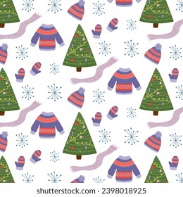 Seamless winter pattern with winter clothes, Christmas tree and snow. Pattern on the swatch panel. Vector.