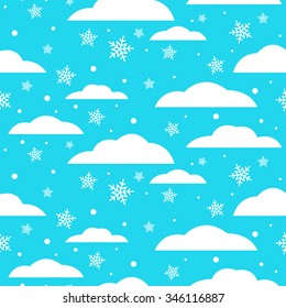 Seamless winter pattern with clouds and snowflakes