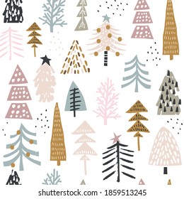 Seamless winter pattern with colorful christmas tree. Creative holiday texture. Great for fabric, textile Vector Illustration