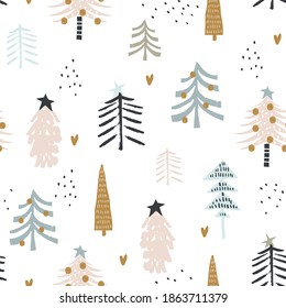 Patrón de invierno sin foco con un árbol de navidad colorido. Textura de vacaciones creativas. Excelente para tela, vectores textiles Ilustración