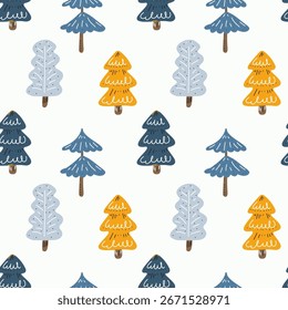 Seamless winter pattern with colorful stylized Christmas trees in blue, yellow and gray on white background for festive wrapping and seasonal design.