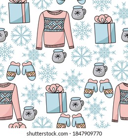 Seamless winter pattern of cozy mittens and sweaters, a gift with a hot drink and snowflakes on a white background, Christmas party attributes in gentle blue-pink colors, vector illustration 