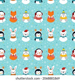 Seamless winter pattern with cute animal characters. Funny vector print for kids textile or wrapping paper