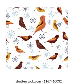 Seamless winter pattern with cute birds and flakes for wrapping paper, wallpaper, textile print, scrapbooking, decoration and design 