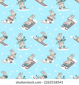 Seamless winter pattern with cute bunnies. Vector color illustration on the blue background.