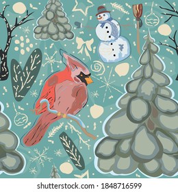 Seamless Winter Pattern with cute Cardinal Bird, Snowman and Spruce Tree. Vector Illustration.