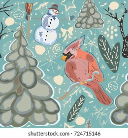 Seamless Winter Pattern with cute Cardinal Bird, Snowman and Spruce Tree. Vector Illustration.