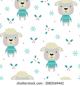 seamless winter pattern with cute cartoon sheep vector seamless pattern with cute sheep, mistletoe and snowflakes, can be used for wallpaper, paper, textile and festive print