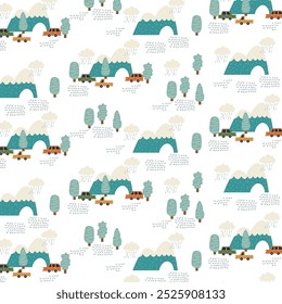 Seamless winter pattern with cute cartoon cars, trees and clouds