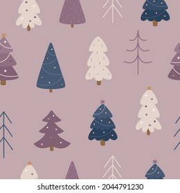 Seamless winter pattern. Cute Christmas trees with decorations. New Year. Vector illustration