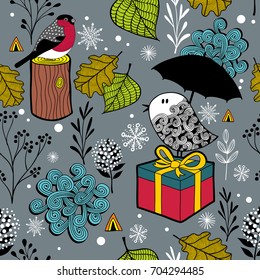 Seamless winter pattern with cute doodle birds in the cold forest. Vector endless background.