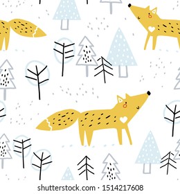 Seamless winter pattern with cute fox in forest. Creative christmas forest texture for kindergarten, fabric, wrapping, textile, wallpaper, apparel.