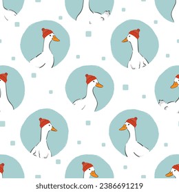 Seamless winter pattern with cute geese in red hats. Merry Christmas vector illustration