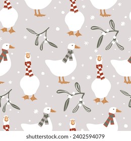 Seamless winter pattern with cute geese in warm scarf. Merry Christmas vector illustration