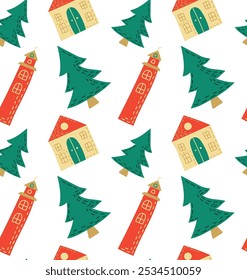 Seamless winter pattern with cute houses and Christmas trees. Ideal for Christmas packaging, holiday decorations and seasonal designs.