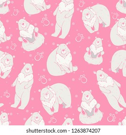 Seamless winter pattern with cute polar bears, paws, and snow on pink background. Hand drawn vector illustration